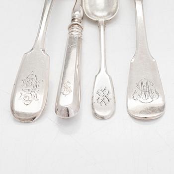 Four silver spoons and a server, Morozov, Ovchinnikov, Br. Grachev, and a silver-plated dish and spoon by A. Katsch.
