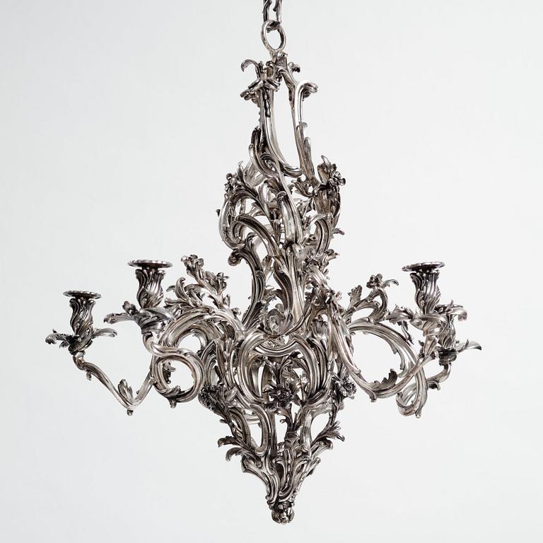 A highly important and rare Louis XV silvered brass
five-light chandelier  attributed to Pierre Boulanger, Paris c 1750.