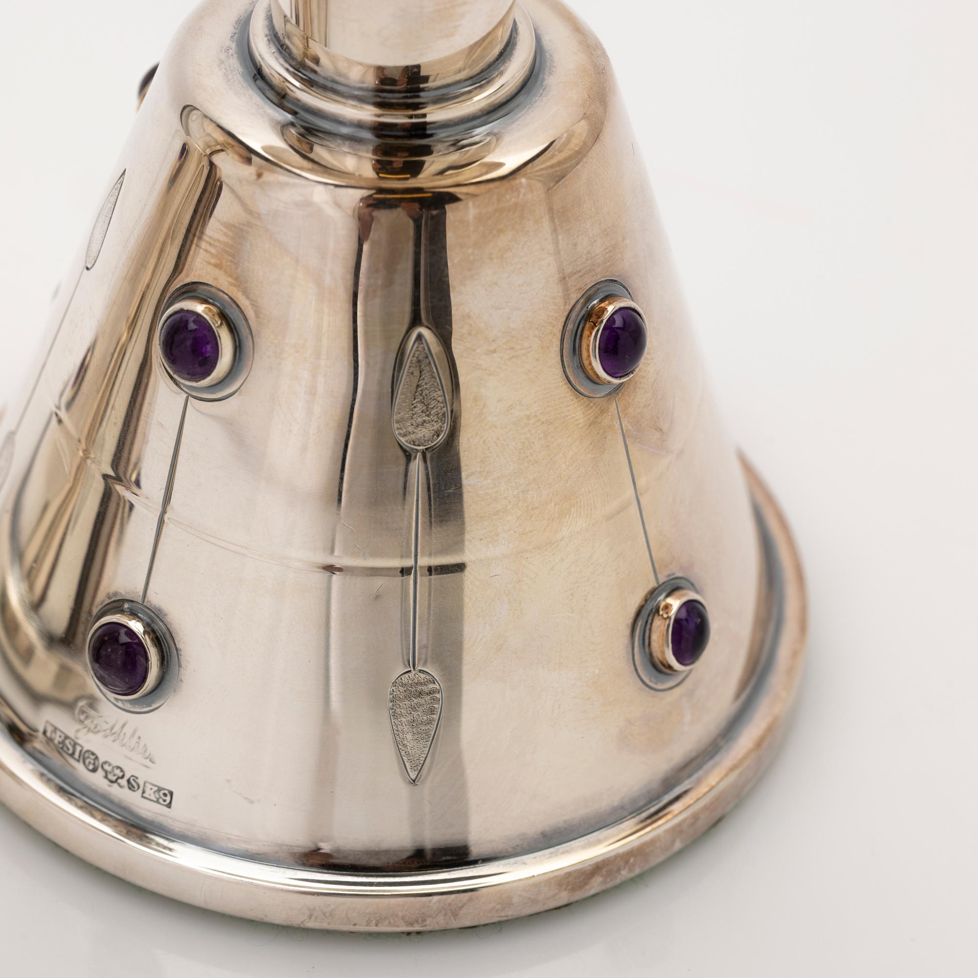 Tage Göthlin, candlesticks, a pair, silver with amethysts, Tesi, Gothenburg, 1960.