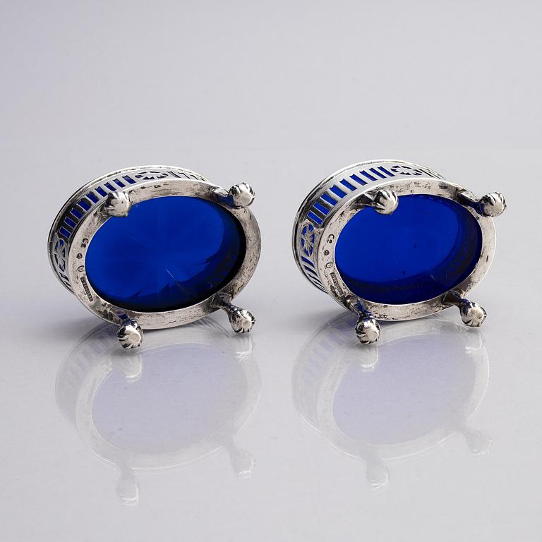 A pair of Swedish silver and glass salt cellars, marks of Arvid Floberg, Stockholm 1785.