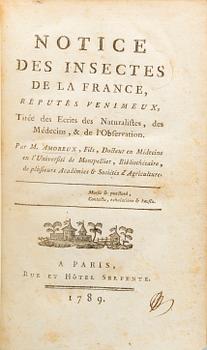 NOTICE DES INSECTES DE LA FRANCE... AV PIERRE JOSEPH AMOREUX PARIS 1789.