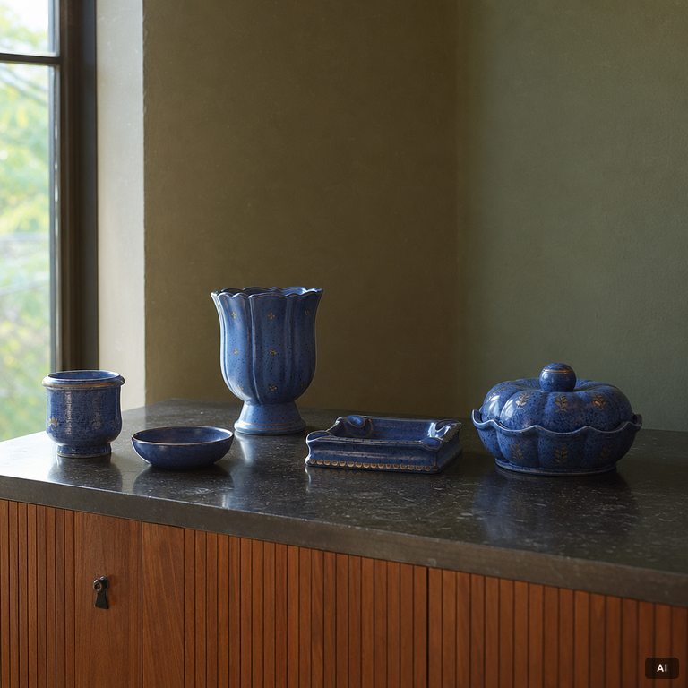 Wilhelm Kåge, a set of two Argenta stoneware vases, two dishes and a bowl with lid, Gustavsberg 1930s-50s.