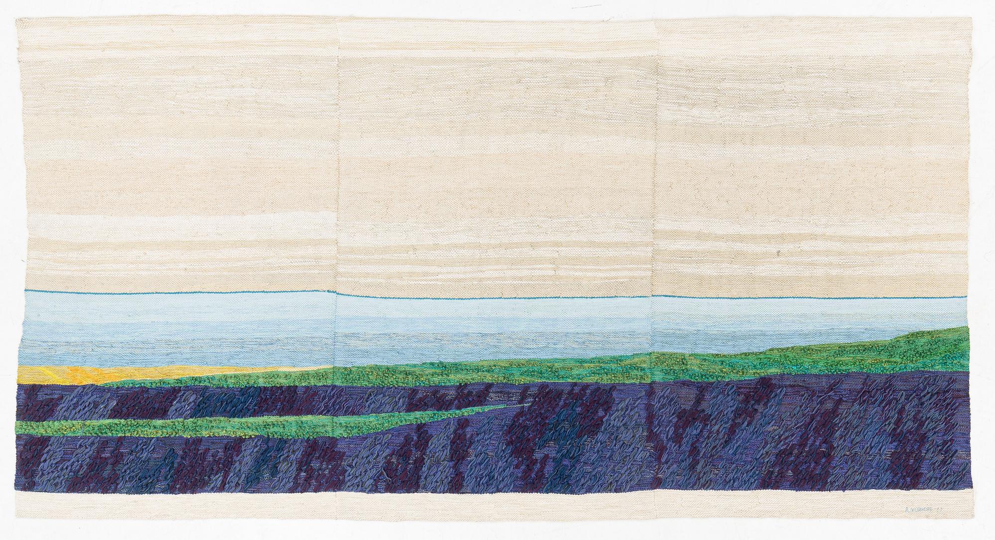 A three-piece woven wall hanging, signed  R. Murikoff and dated -77, c. 150 x 290 cm each.