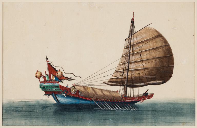 A set of 12 maritime Chinese watercolours on paper by an unknown artist, Qing dynasty, 19th Century.