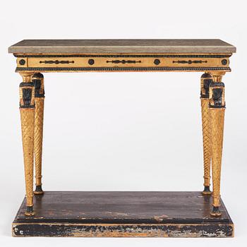 A late-Gustavian giltwood and patinated console table in the manner of J. Frisk, Stockholm circa 1800.