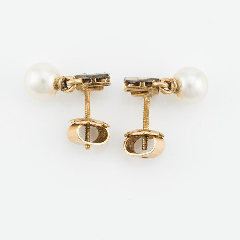 Earrings, a pair, gold with pearls and small rose-cut diamonds.