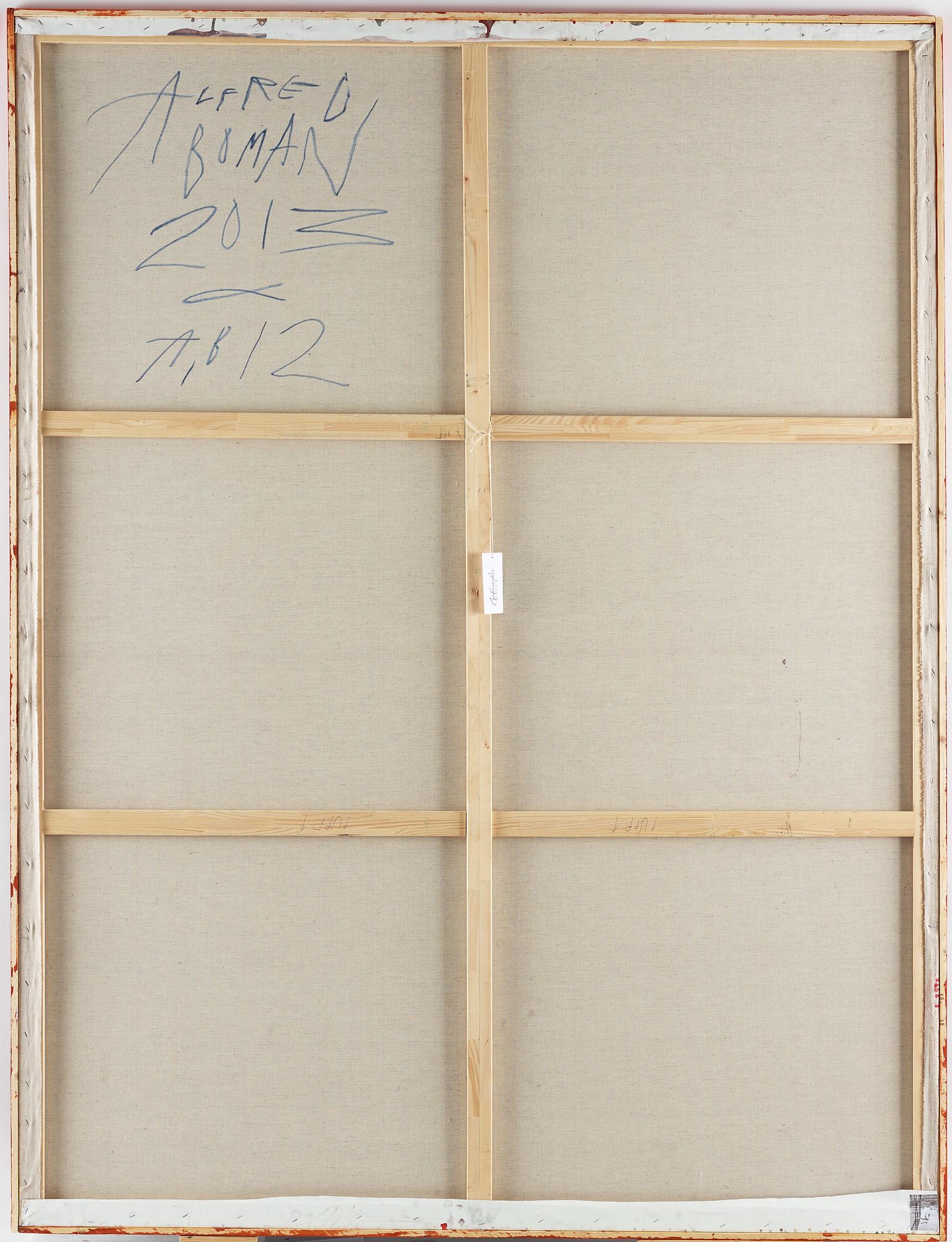 ALFRED BOMAN, signed and dated 2013 on verso. Acrylic paint, glue emulsion, spray paint, enamel varnish on linen.