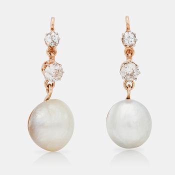 1015. A pair of natural saltwater pearl and diamond earrings. Certificate on pearls from GCS.