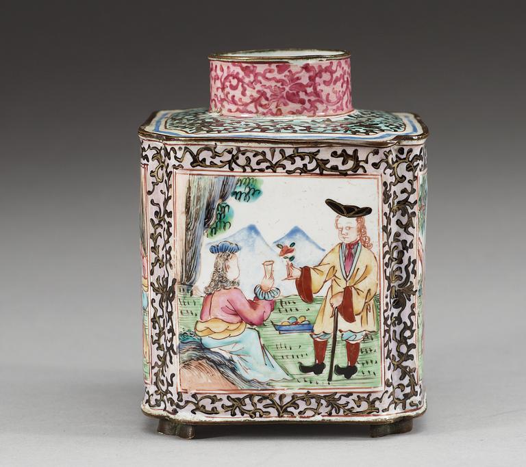 An enamelled 'European Subject' tea caddy, Qing dynasty, 18th Century.