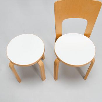 Alvar Aalto, tuoleja 4 kpl, malli 66 ja jakkara  malli E60, 1900-luvun loppu.