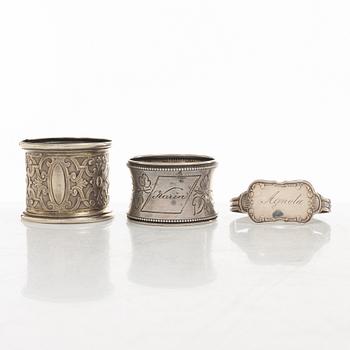 Brödkorgar, 2 st, samt servettringar, 3 st, silver, 1800-1900-tal.