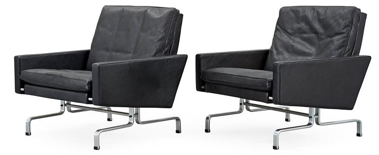 A pair of Poul Kjaerholm 'PK-31' black leather easy chairs, E Kold Christensen, Denmark.