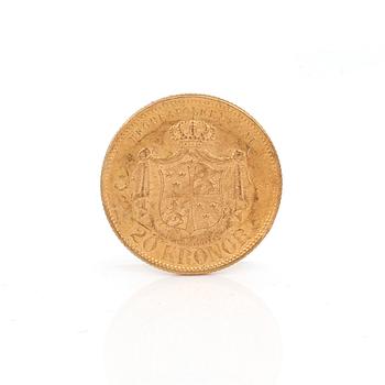 GULDMYNT, 20 kronor, Oscar II, Sverige och Norge, 1875. Vikt ca 9 gram.