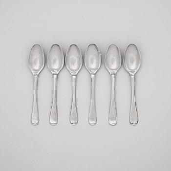 588. A set of six Swedish 18th century silver dessert-spoons, marks of Berndt Johan Frodelius, Stockholm 1776 and 1777.