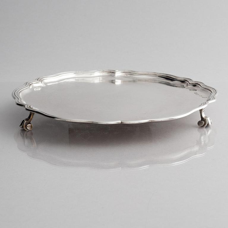 A Russian silver salver/dish, unclear maker's mark, assay master Ivan Frolov, St. Petersburg, 1759.