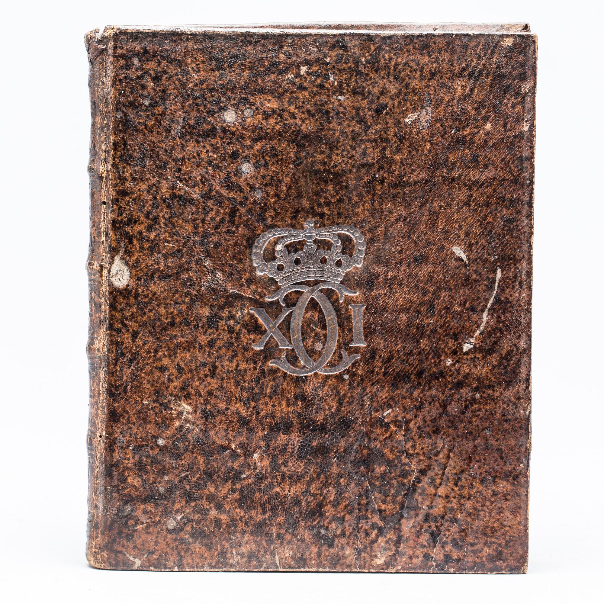 BOK, Carl XI:s pärmexlibris, "Confessio Fidei", Stockholm 1693.