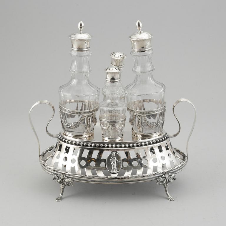 A swedish late gustavian silver cruet stand, mark of Mikael Nyberg, Sweden 1796.