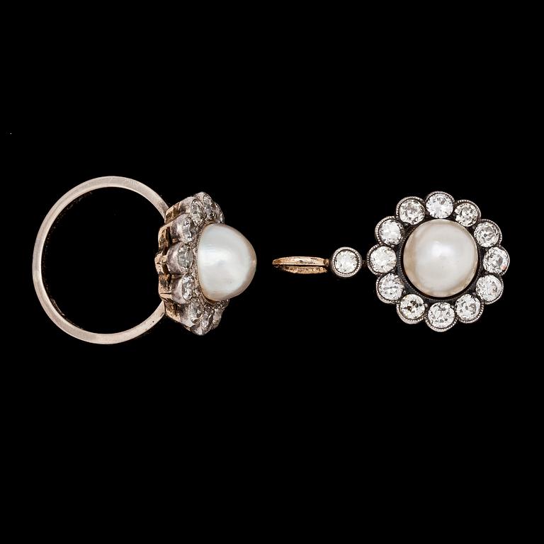 SET, remade from earrings, natural pearls and diamonds, tot. app. 2.40 cts.