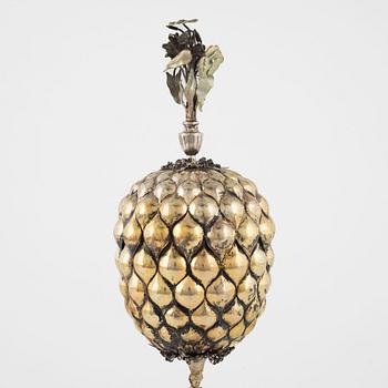 A German Baroque Style Parcel-Gilt Silver Pineapple Cup with Cover, circa 1900.