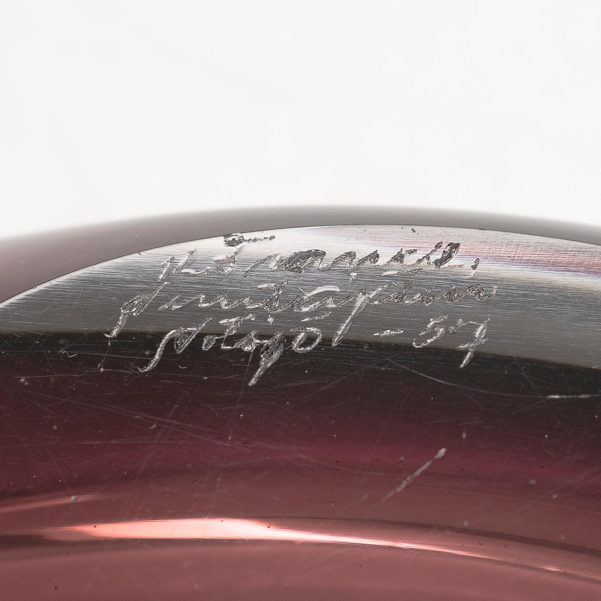 Kaj Franck, malja, "Pajunlehti", signeerattu K. Franck Nuutajärvi Notsjö -57.