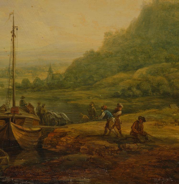 Christian Georg Schütz, Pastorala flodlandskap med figurer och båter, ett par.