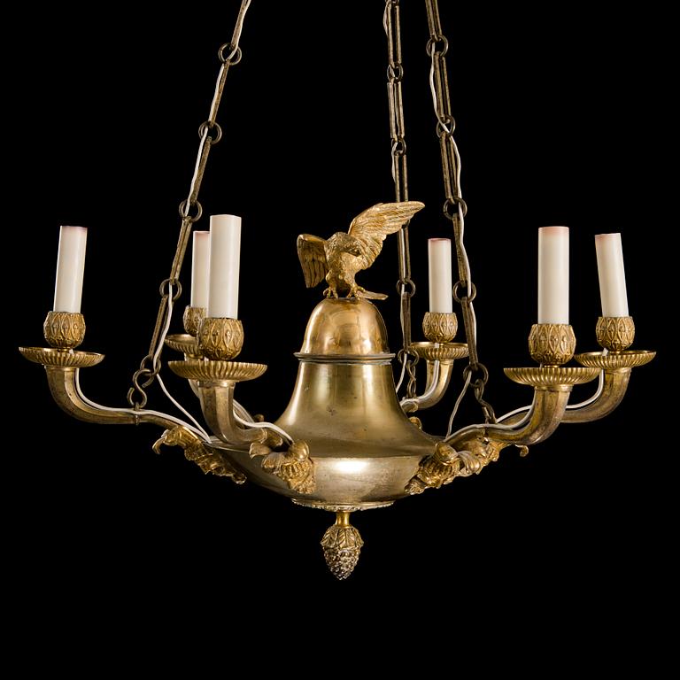 An Empire early 19th century gilt bronze six-light hanging lamp.