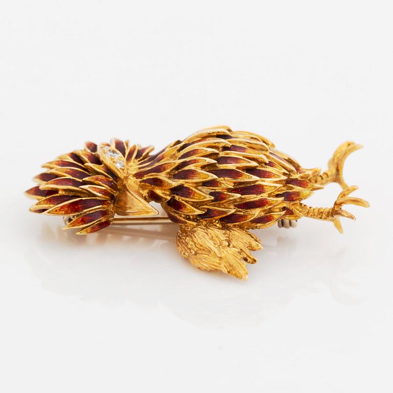 An 18K gold and enamel bird brooch set with eight-cut diamonds.