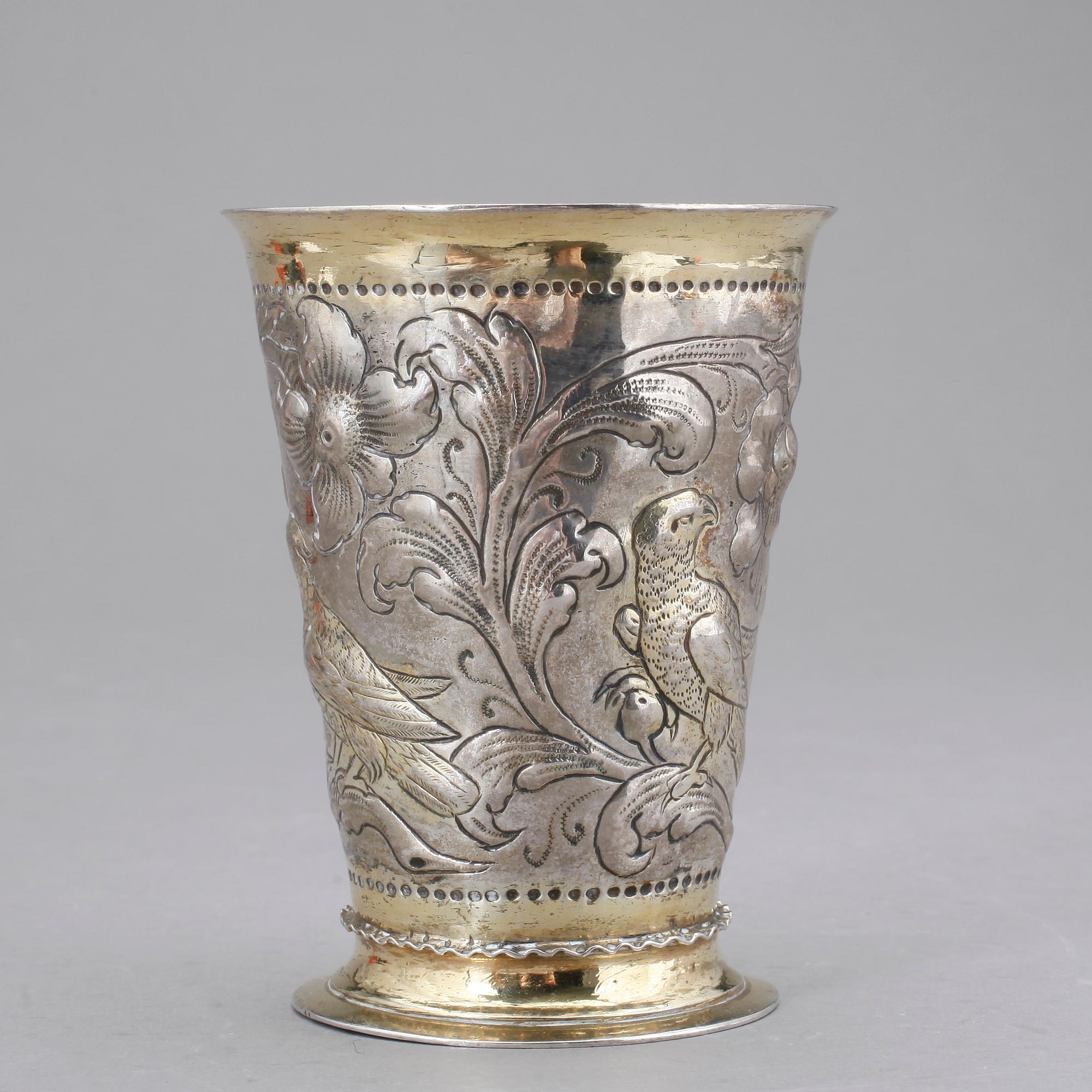 BÄGARE, silver, möjligen av Conrad Jacob Keseberg, Danzig, omkring år 1700. Vikt ca 143g.