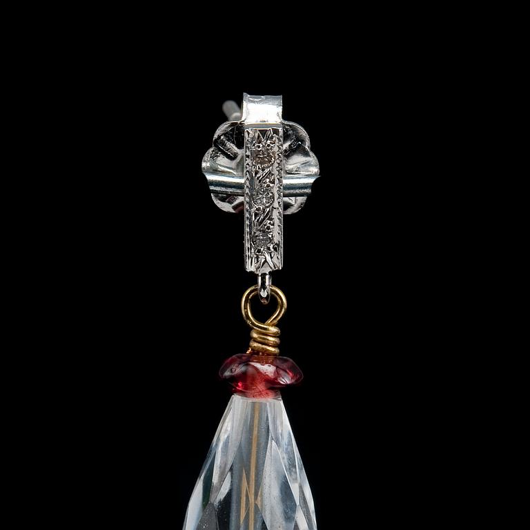 A PAIR OF EARRINGS, 8/8 cut diamonds, briolette cut rock crystal and topazes, garnets.