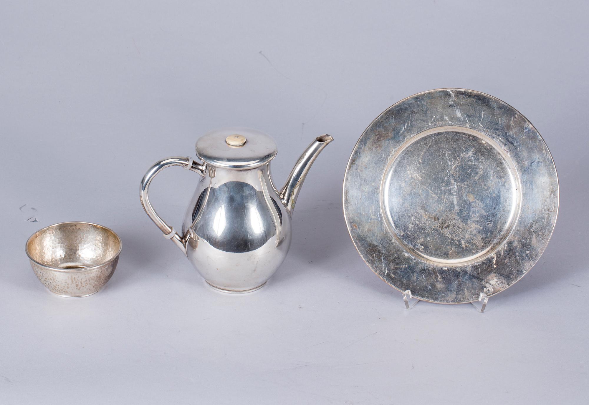 KANNA, SKÅL samt FAT, silver, 1900-tal.