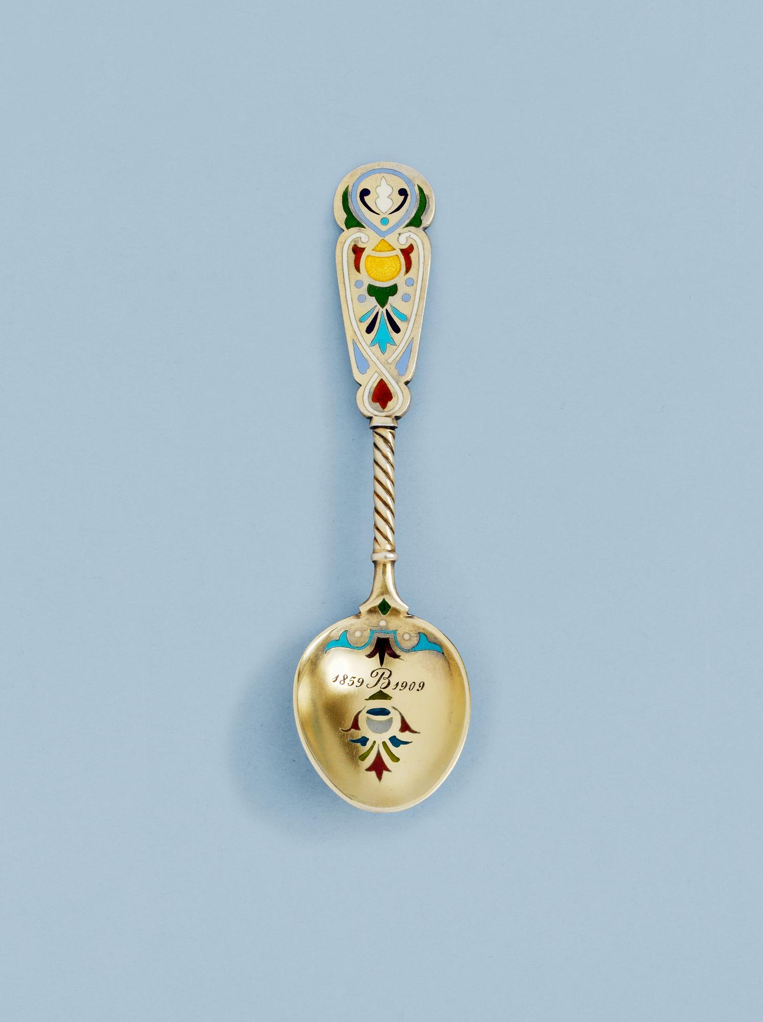 A RUSSIAN SILVER-GILT AND ENAMEL SPOON, makers mark of Petrovich Chlebnikov, Moscow 1908-1917.