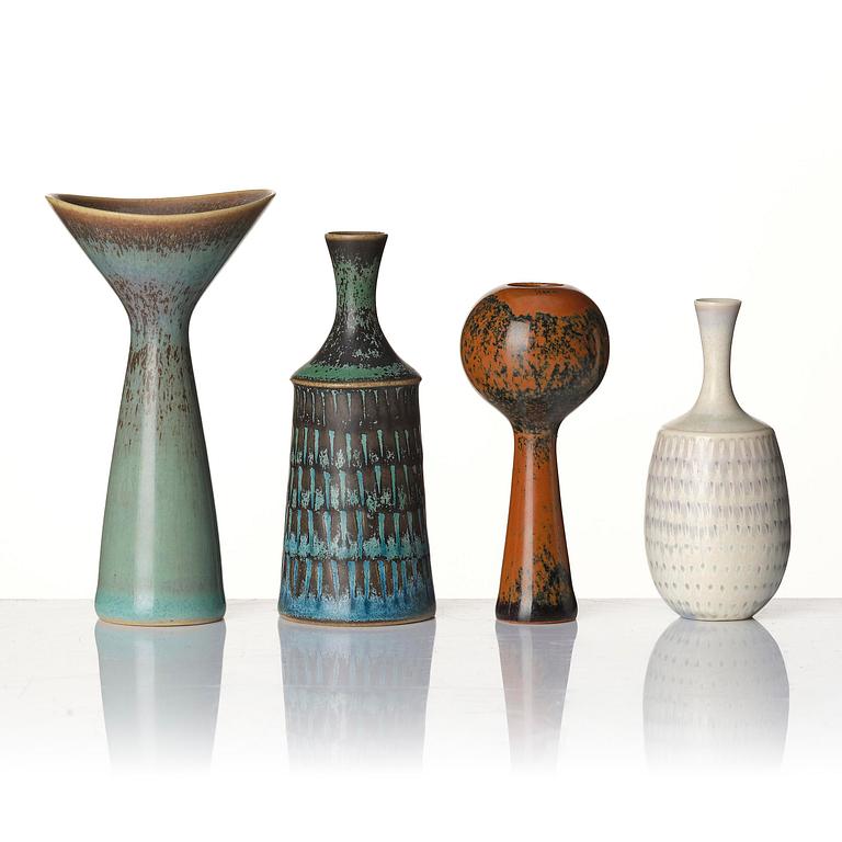 Stig Lindberg, a set of 7 stoneware miniature vases and 5 bowls, Gustavsberg Studio, Sweden, 1955-68.