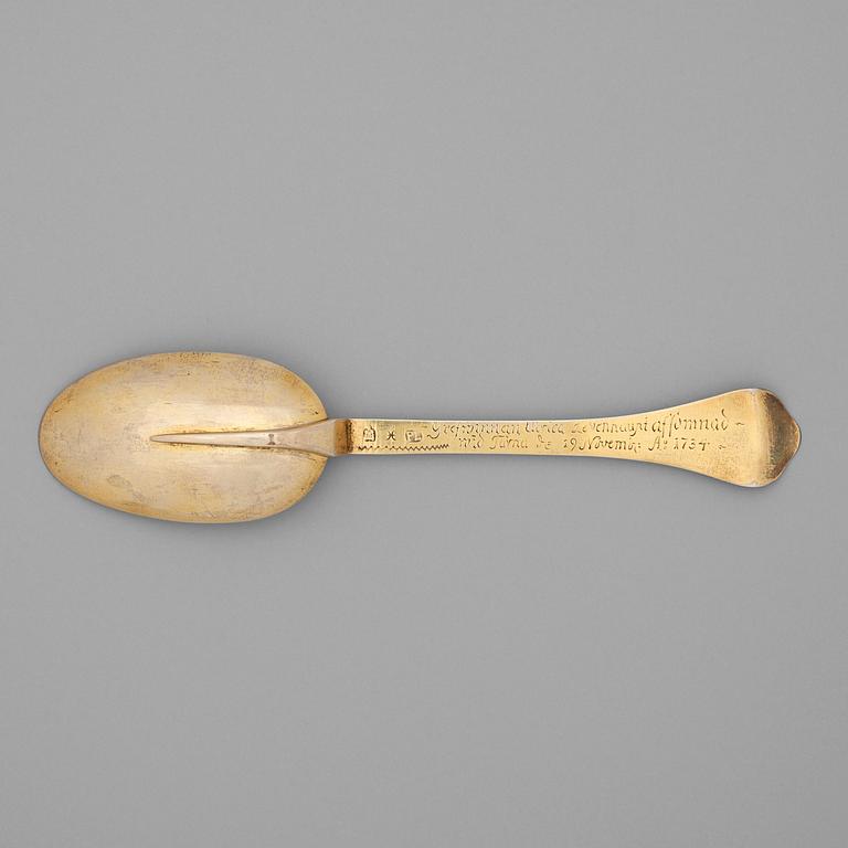 A Swedish 18th century silver-gilt spoon, marks of Petter Lund, Nyköping (1694-1736-).