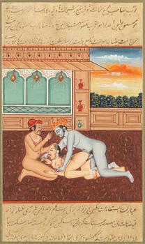 Unidentified artist, Interiors with erotic scenes, India, 20th century. Three pieces.