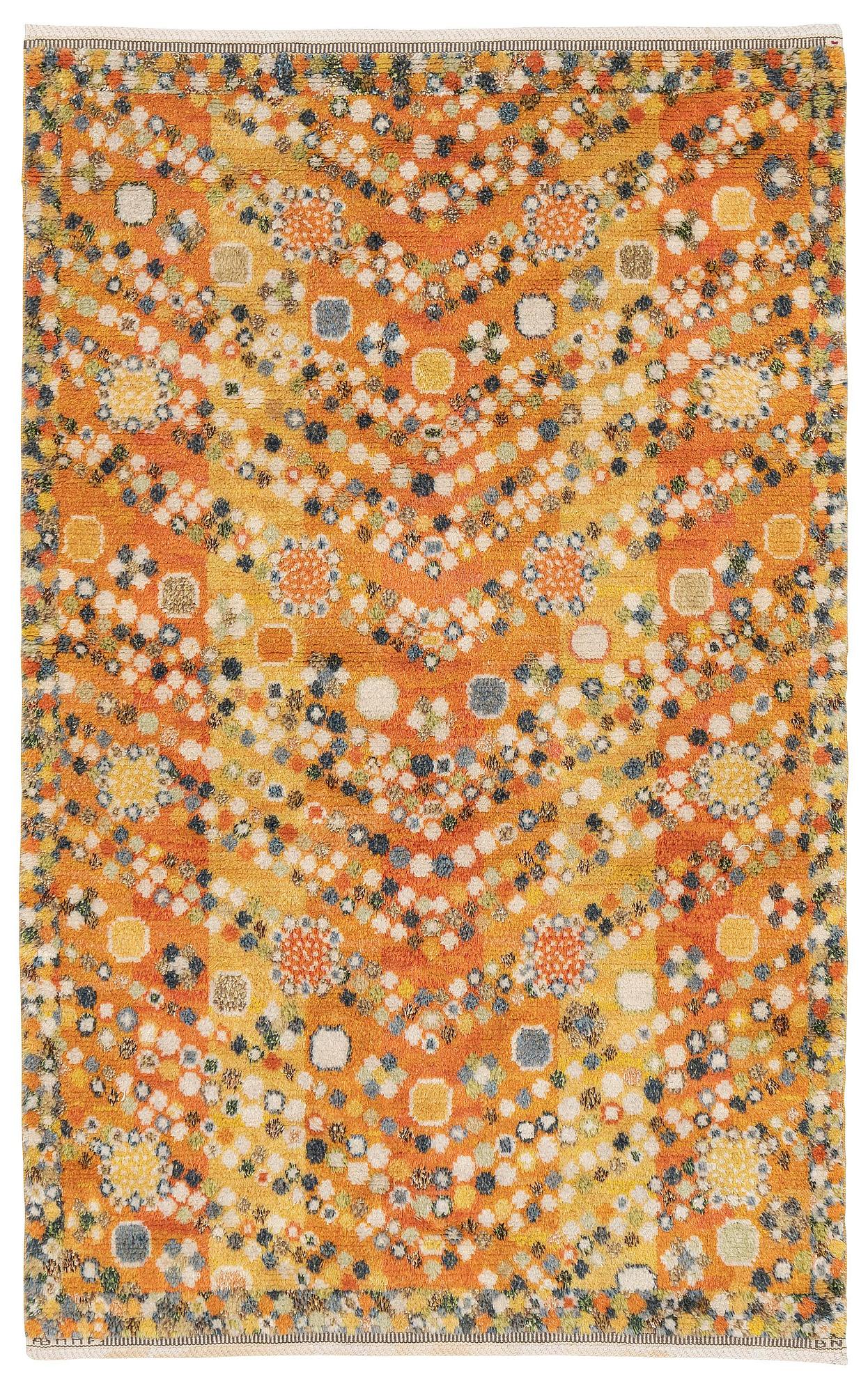 Barbro Nilsson, a carpet, 'Violetta gul', knotted pile, c. 210 x 130 cm, signed AB MMF BN.