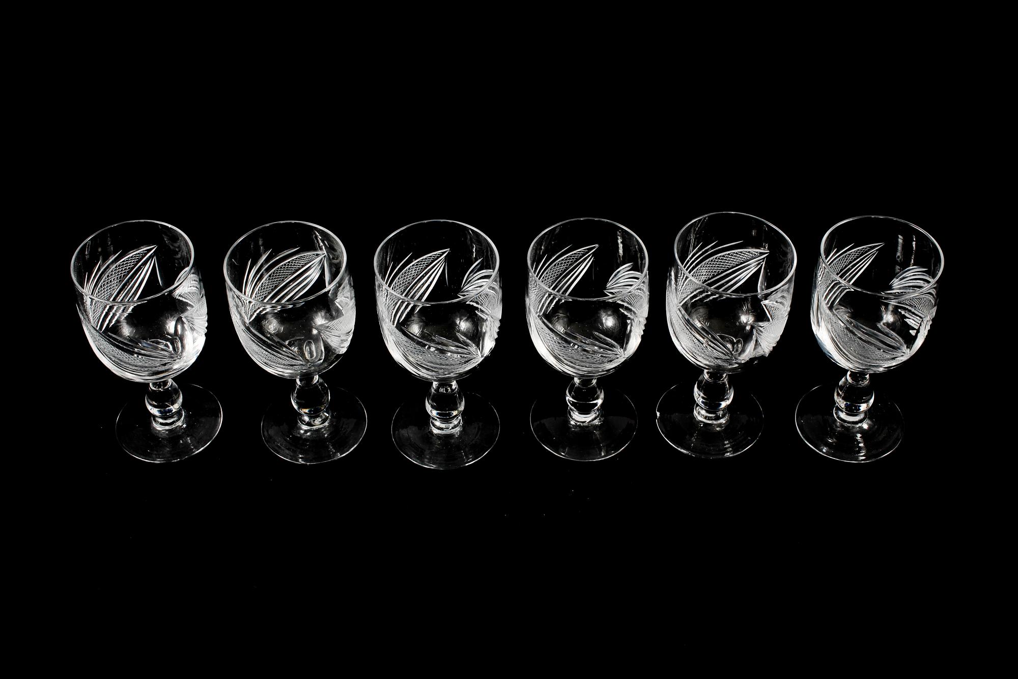 VINGLAS, 6 st, glas, tidigt 1900-tal.