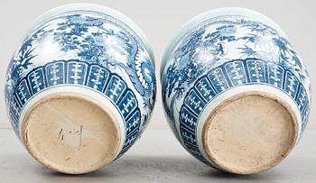 A pair of large blue and white fish basins/flower pots, late Qing dynasty, circa 1900.