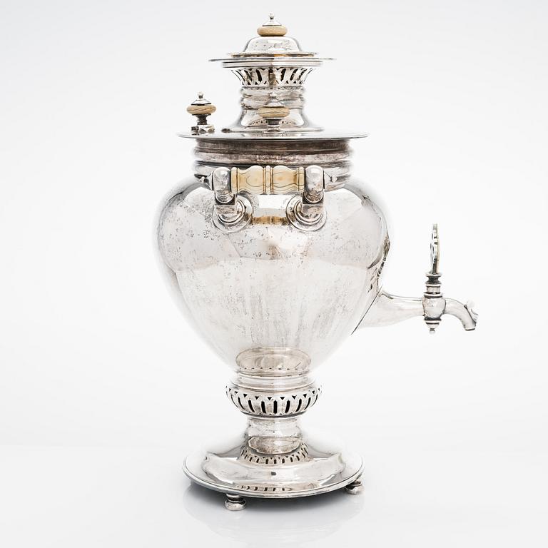 A silver samovar, maker's mark of N.D. Yanichkin, Saint Petersburg, Russia 1886. Finnish control marks, A. Tillander.