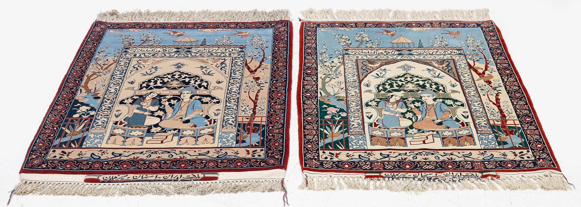Mattor, ett par, figurala, Isfahan, centrala Persien, signerade (Mohammad) Seirafian, ca 120 x 77 resp 114 x 74 cm.