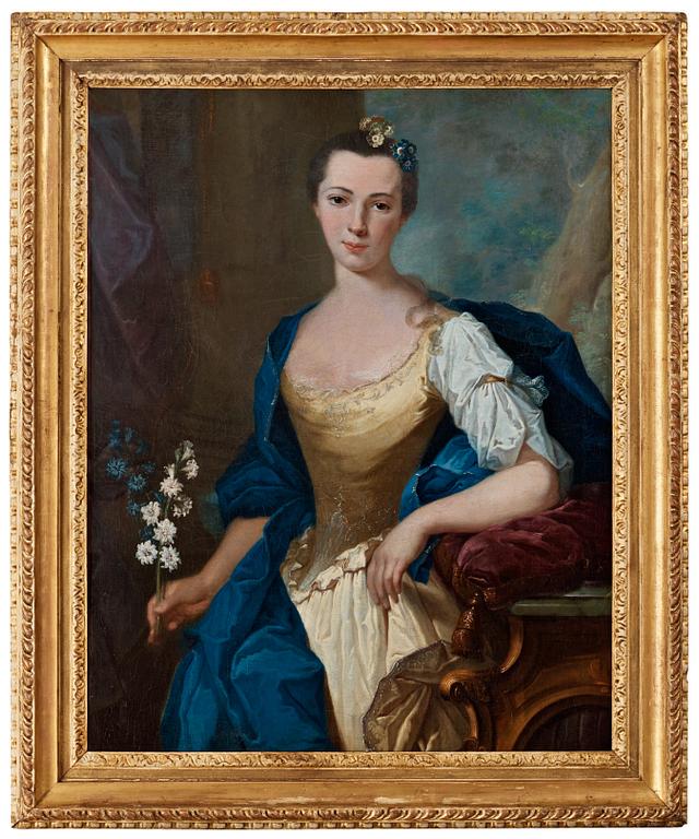 Joachim Rupalley, Portrait of a lady standing by a console table, holding white and blue flowers.
