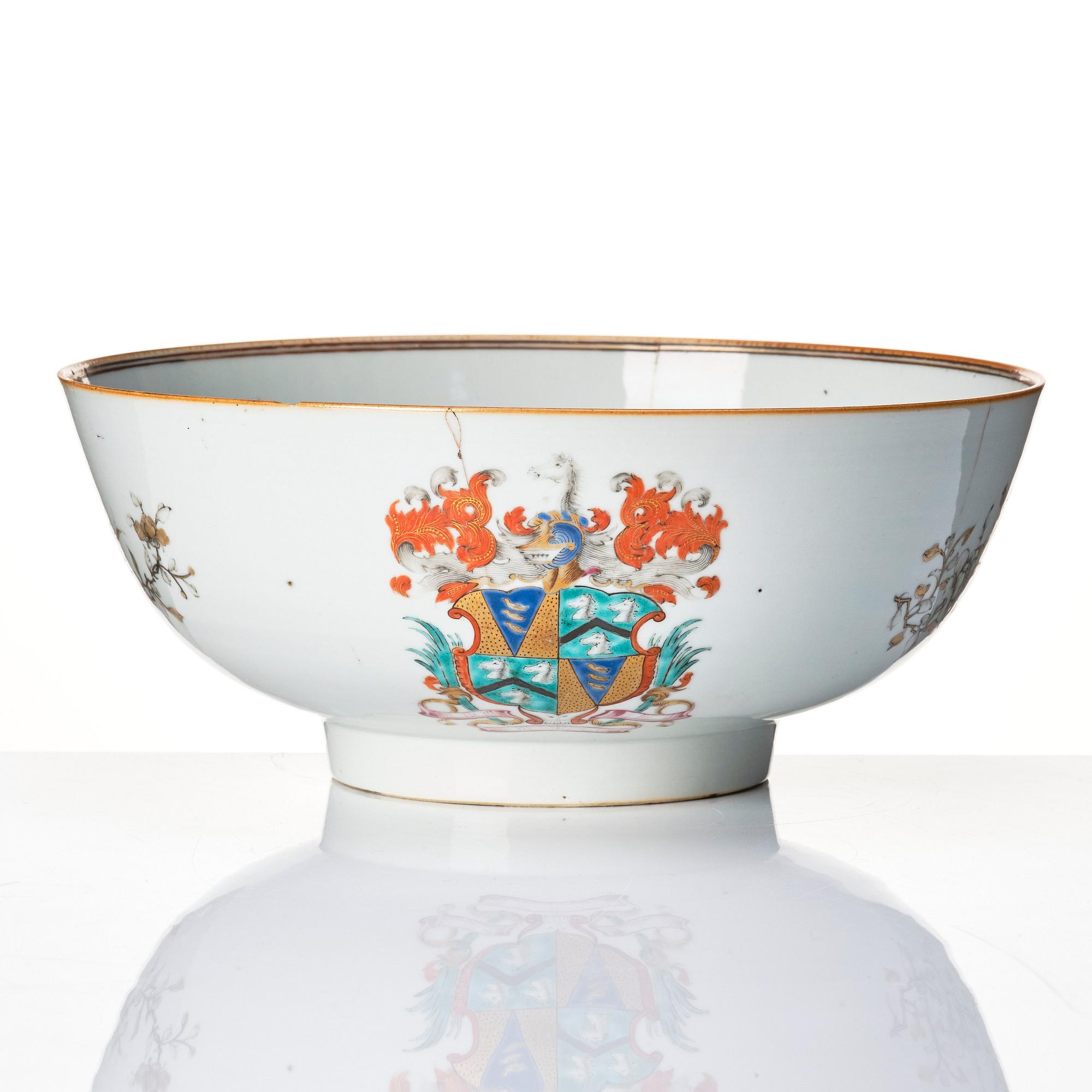 A famille rose and grisaille armorial punch bowl, Qing dynasty, 18th century.