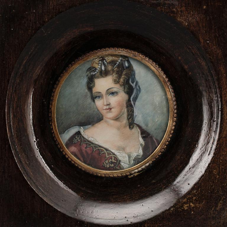MINIATYRER, 3 st, gouacher, en med otydlig signering, 1800-tal.