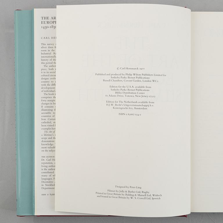 Collection of literature on silver, 8 volumes, including 'Svenskt silversmide 1520-1850'.