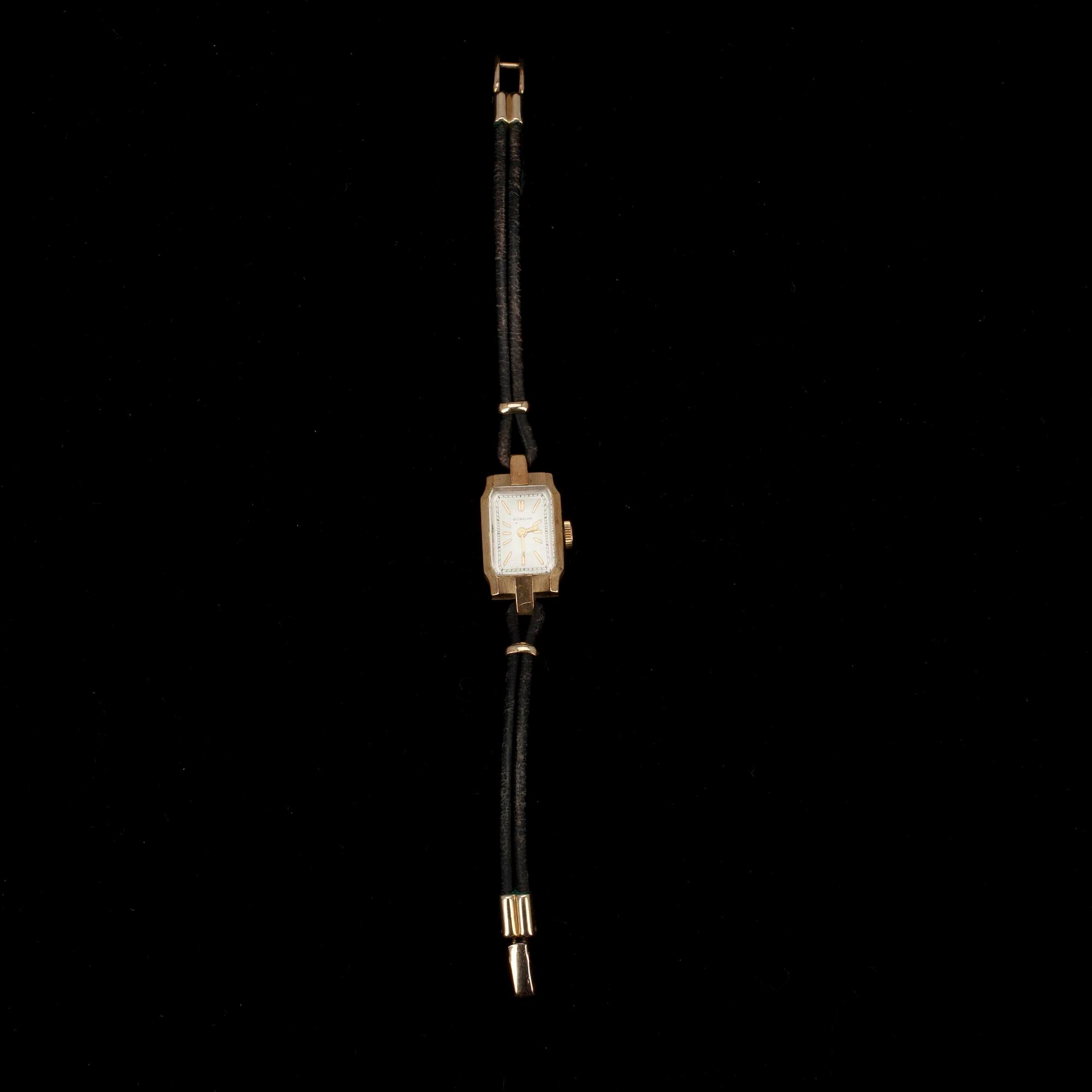 DAMARMBANDSUR, guld med original läderrem, Gübelin, Schweiz. Art deco, 1920/30-tal.
