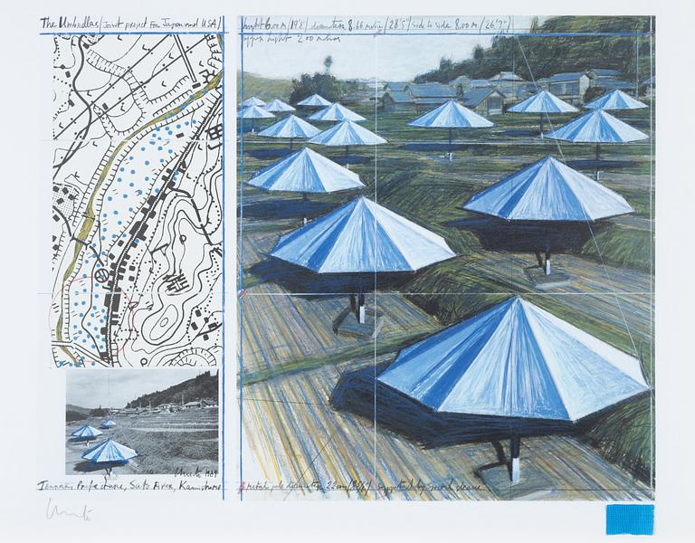 Christo & Jeanne-Claude, Offset in colours, with a collage of fabric, signed in pencil.