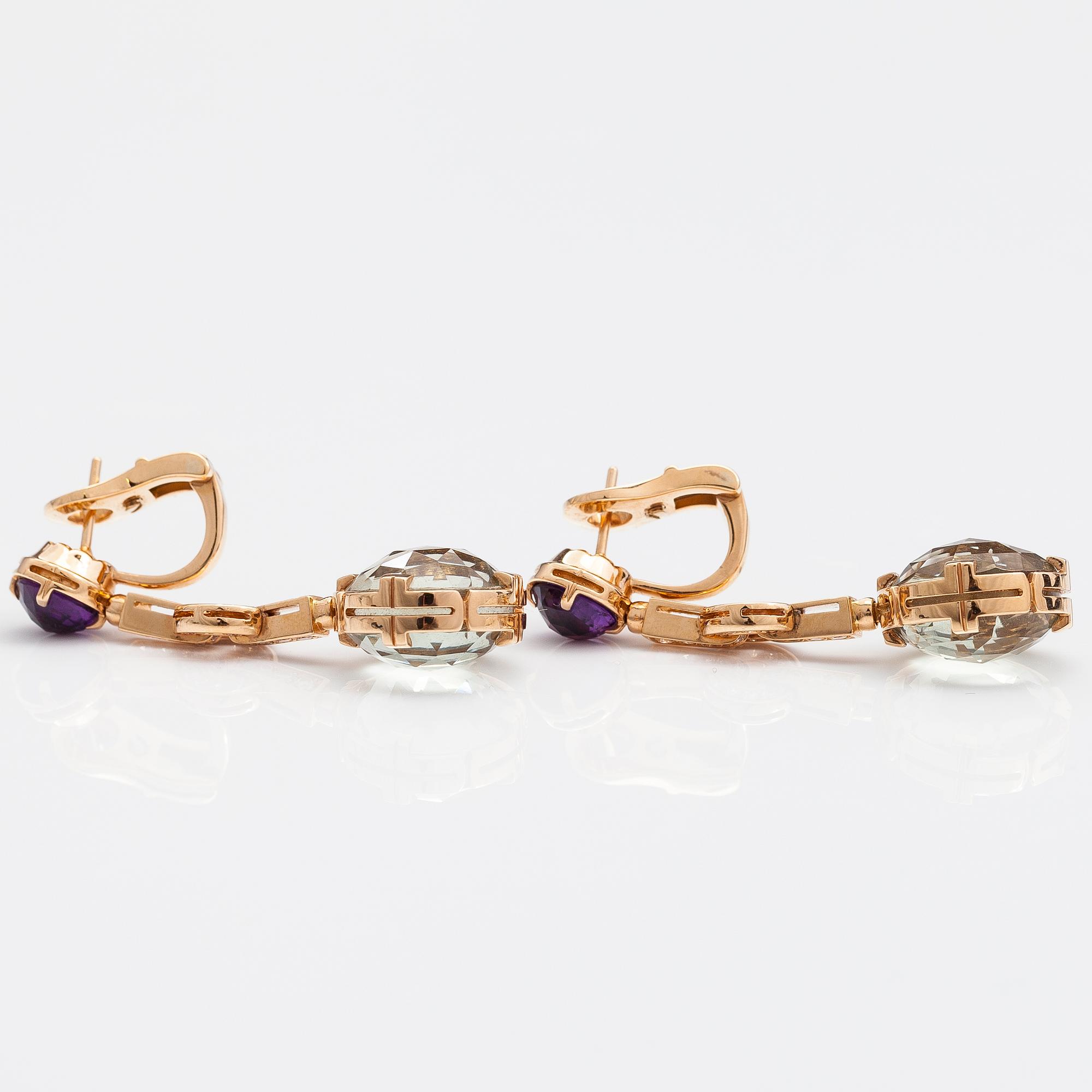 BULGARI, ÖRHÄNGEN, 18K guld, gröna kvartser, ametister, diamanter ca 0.30 ct tot.