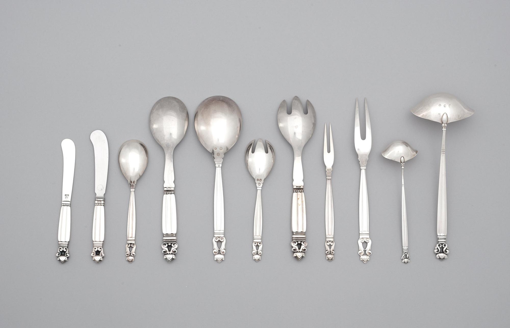 Johan Rohde, bestickuppsättning, 99 delar "Konge/Acorn", Firma Georg Jensen, Köpenhamn 1945-77, sterling och rostfritt stål.