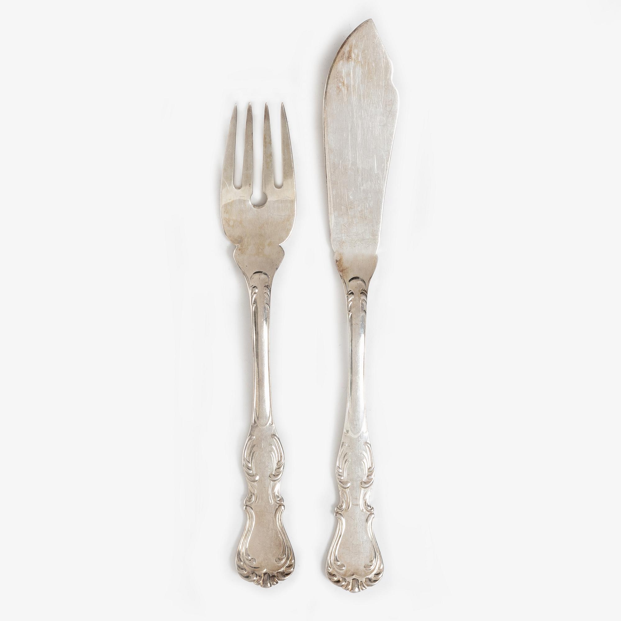 13 pieces of silver fish cutlery, model 'Prins Albert', CG Hallberg and GAB, Stockholm and Eskilstuna, 1958-73.