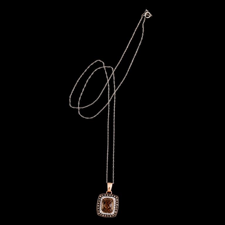 COLLIER, 14 k vit- och roséguld, hänge med rökkvarts och diamanter.