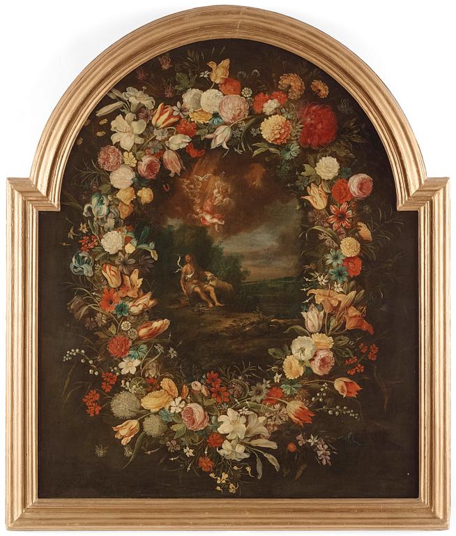 Daniel Seghers & Hendrick van Balen dä Attributed to., Landscape with garland of flowers and St John The Baptist.